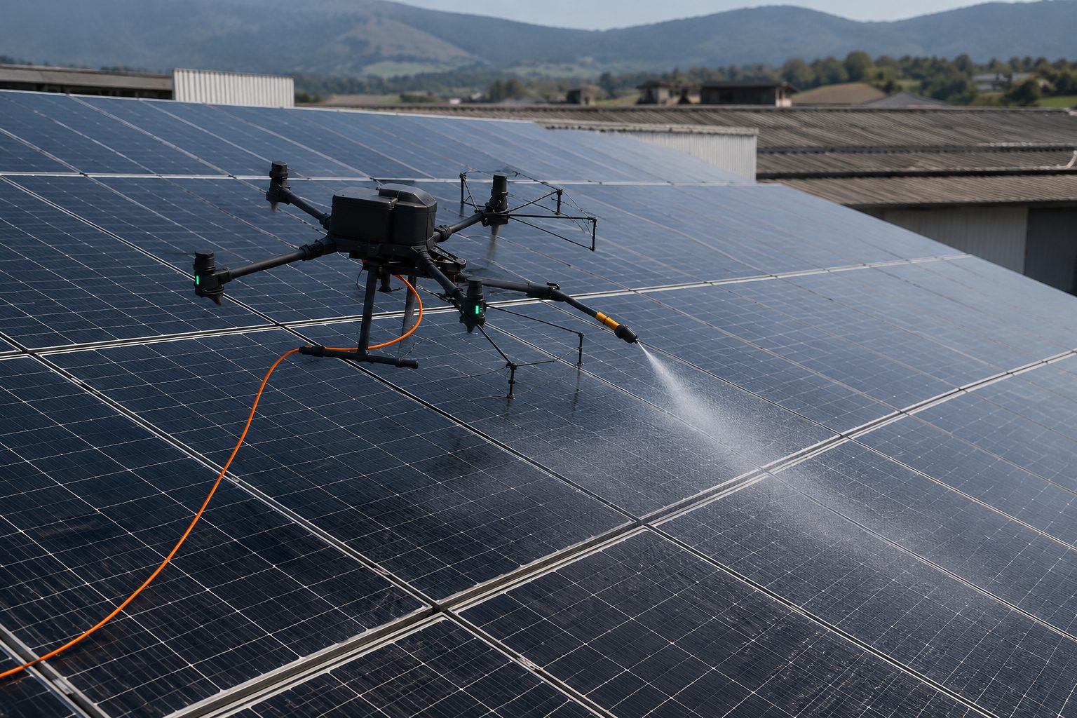Glanzdrohne reinigt Photovoltaik-Solaranlage auf Dach mit demineralisiertem Wasser