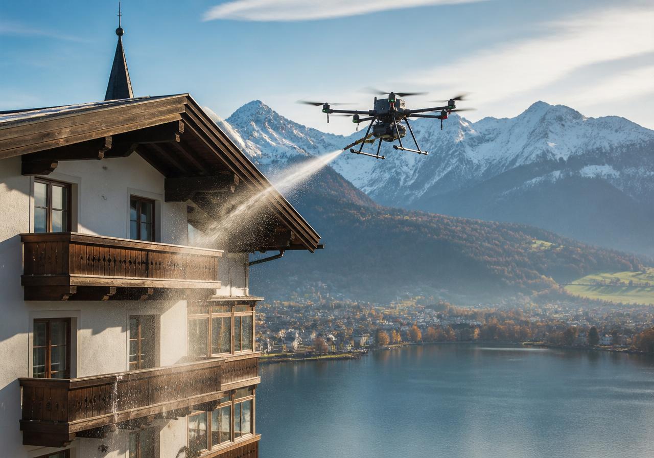 Drohnenreinigung Zell am See. Salzburger Land Drohnenreinigung in Zell am See mit Blick auf Zeller See und Hohe Tauern
