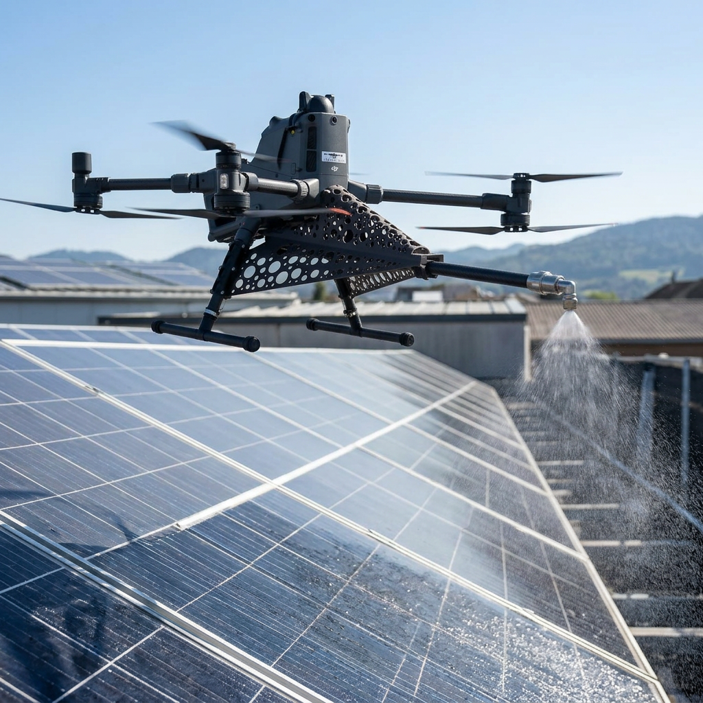 Glanzdrohne reinigt Photovoltaik-Solaranlage auf Dach mit demineralisiertem Wasser