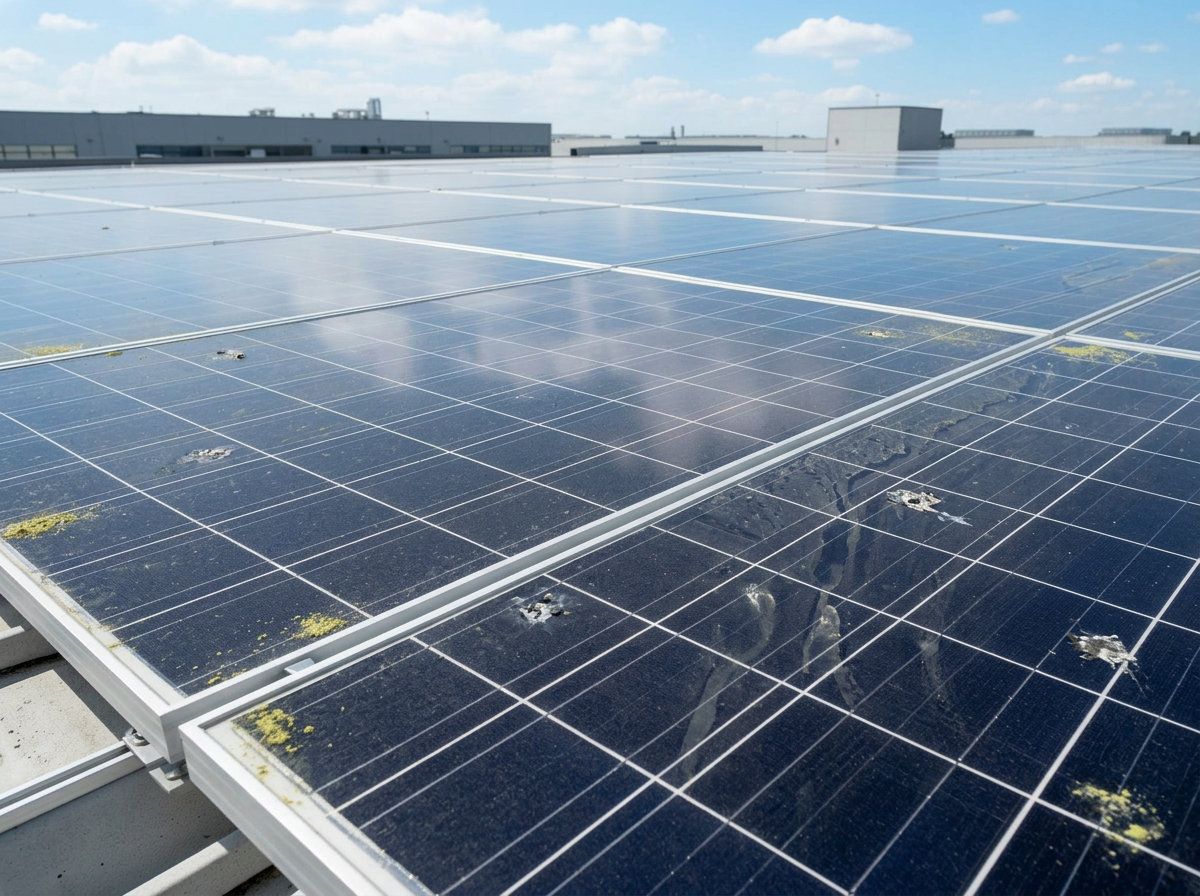 Verschmutzte Photovoltaik-Anlage vor der Reinigung mit sichtbaren Verunreinigungen und Ertragsverlust