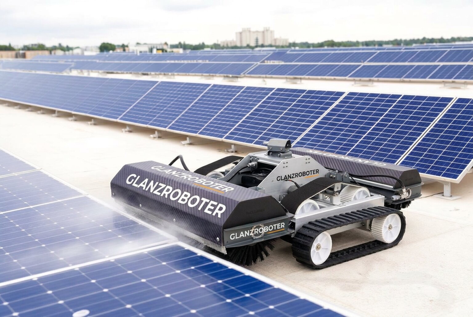 Visualisierung zum Beitrag: Große Photovoltaikanlagen brauchen eine andere Reinigungstechnik als Fassaden. Mit dem Glanzroboter ergänzen wir unseren Drohnenservice um professionelle Reinigungsroboter für Industrie- und Hallendächer.